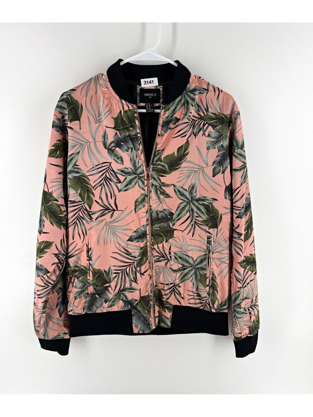 Forever 21 Men's XS Pink Tropical Floral Zip Bomber Jacket Pockets